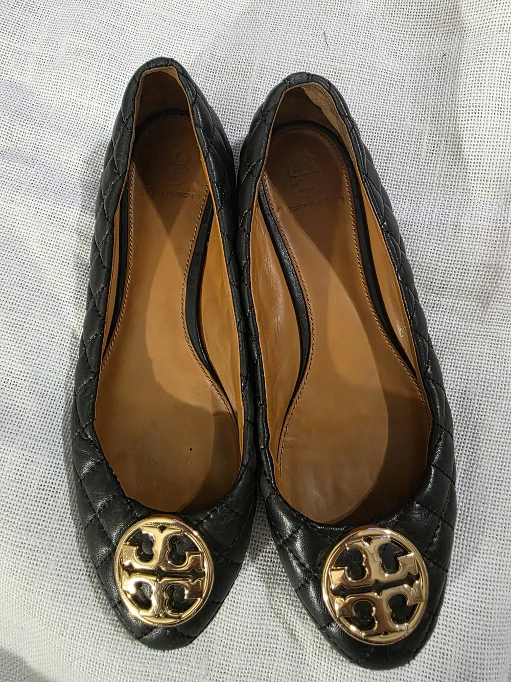 Tory Burch Reva Black Quilted Leather Ballet Flats Gold Logo Size 9.5
